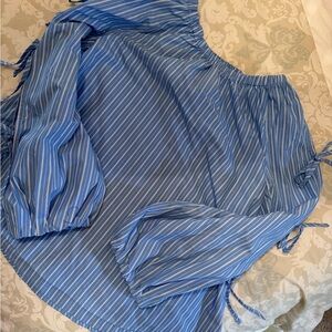 Blue Striped Off-Shoulder Tie-Sleeve Blouse